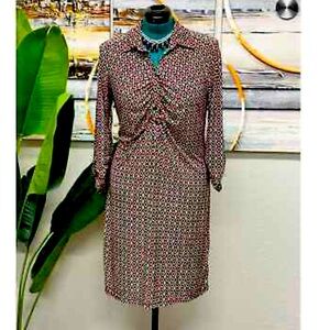 Mlle gabrielle sheath dress large L Lg ruched geometric retro print v neck 3/4